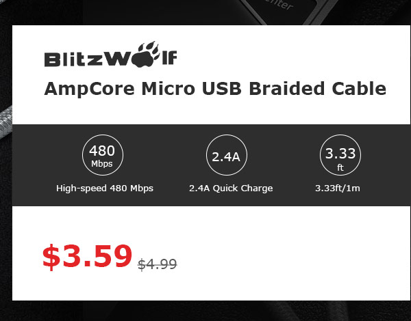 BlitzWolf Ampcore BW-MC4 2.4A Micro USB Braided Cable 3.33ft/1m